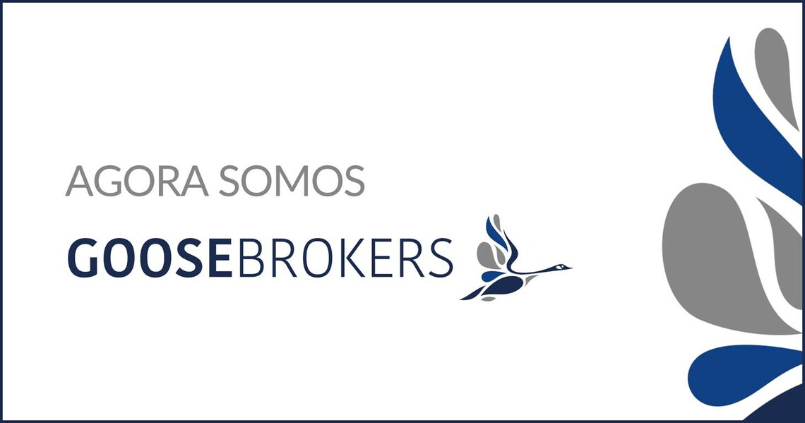 Tem a frase"Agora somos GOOSEBROKERS" e no fim da frase tem um ganso desenhado em tons de cinza e azul